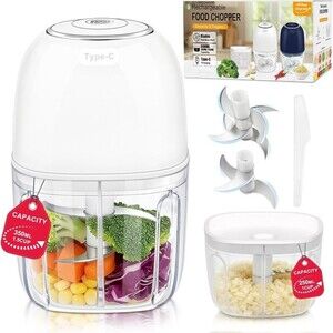Portable Electric Mini Garlic Chopper, 2 Bowls, 2 Sets Blades, White
